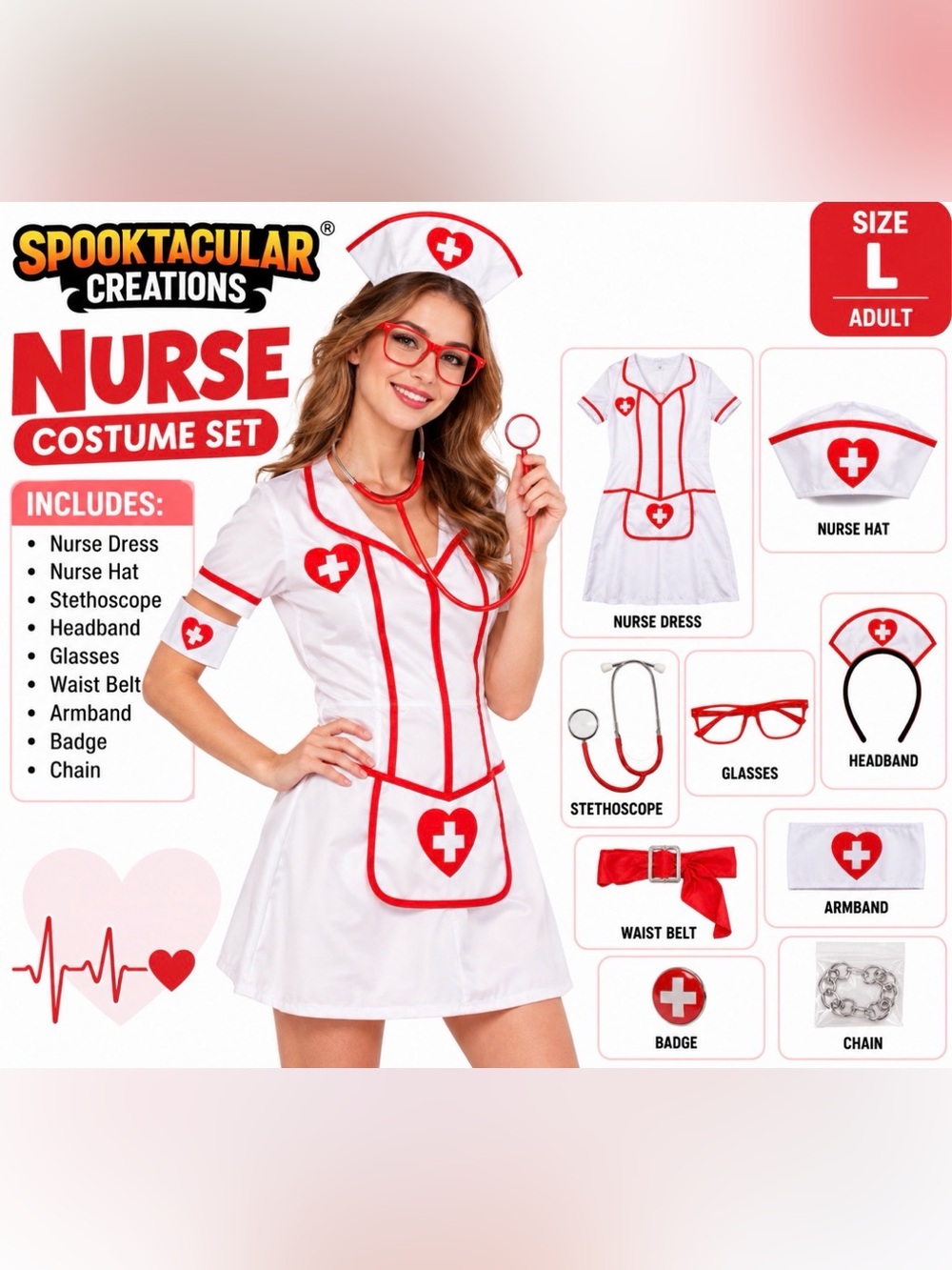 Spooktacular Creations Women’s Nurse Halloween Costume Size Large L w/ Accessori